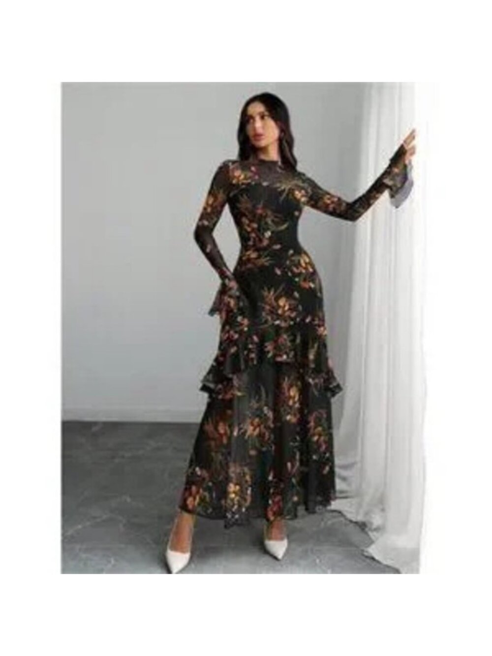 Women's Floral Maxi Dress Sheer Mesh Bell Sleeve Tiered Ruffle Gothic Long Dress - Picture 4 of 4